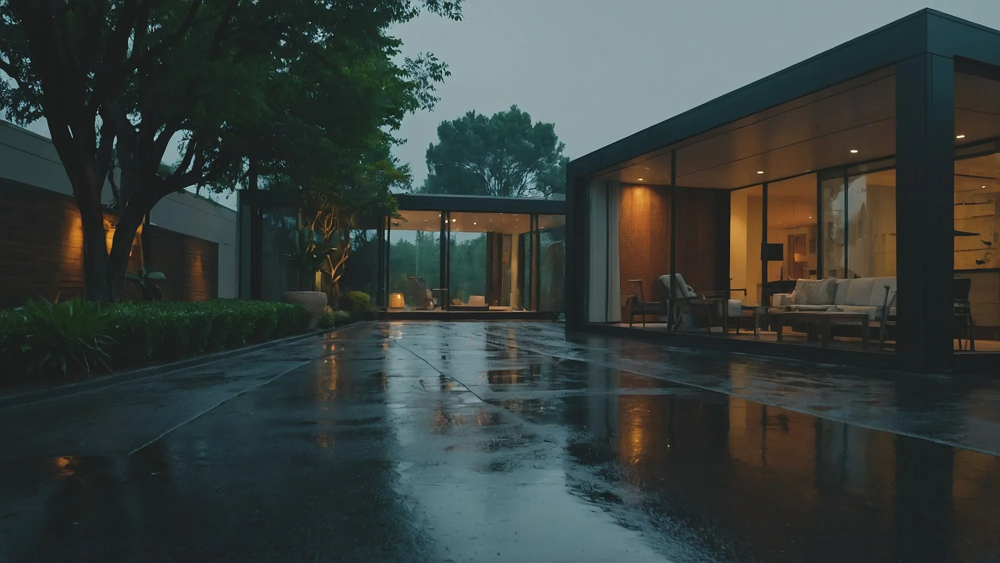 Modern home with lit glass walls on a rainy evening